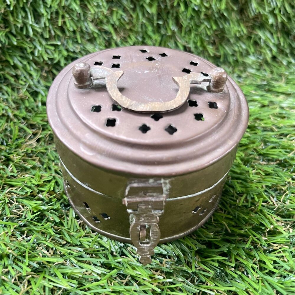 Vintage Solid Brass Round Incense Potpourri Burner with Pierced Lid & Latch